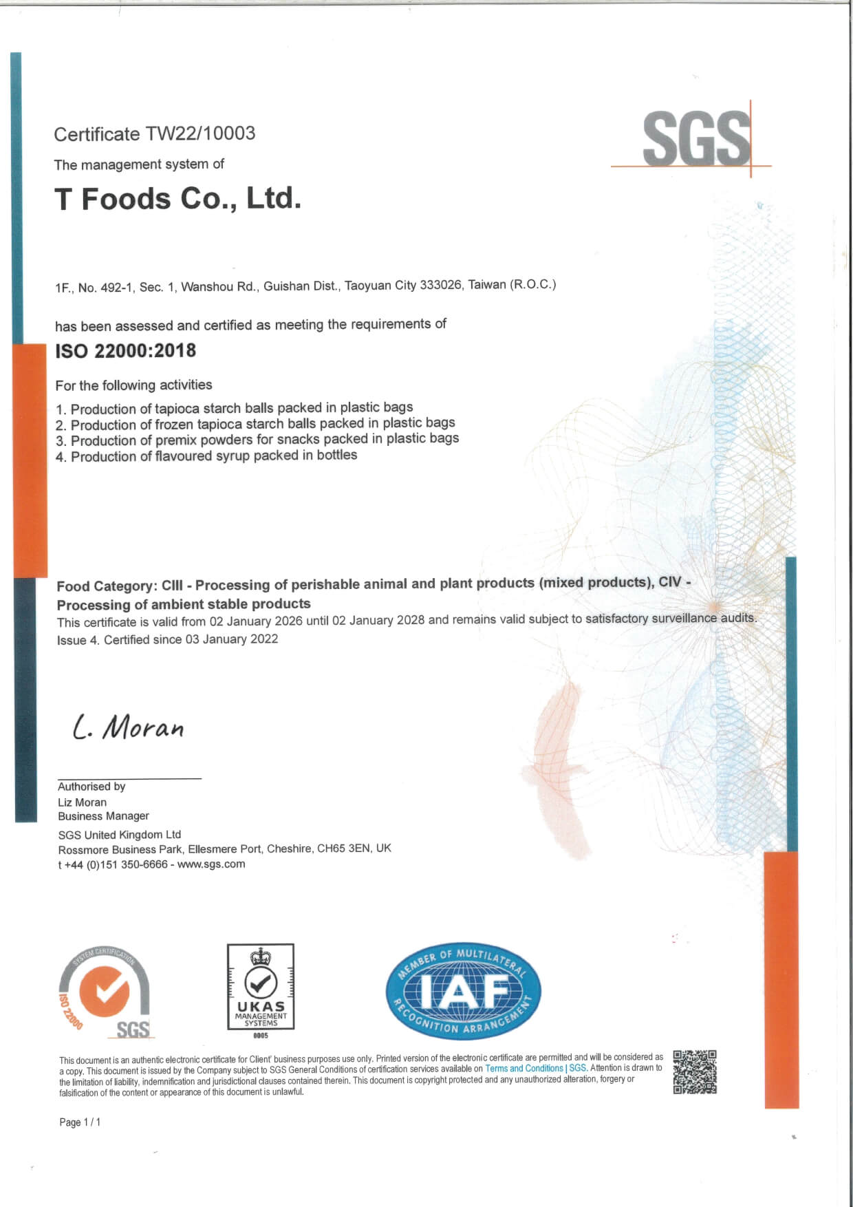 T-FOOD ISO 22000:2018 certificate issued by SGS, No. TW22/10003